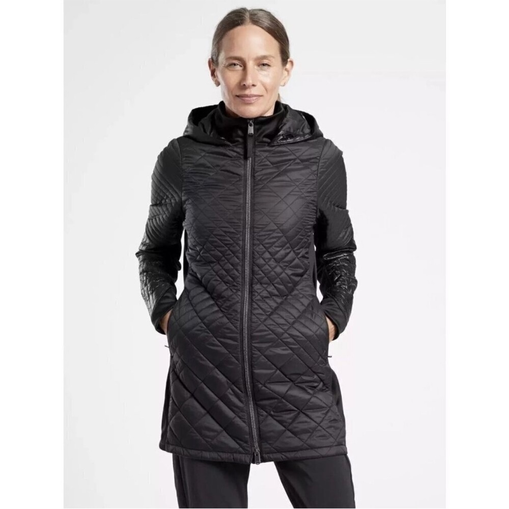 Athleta Bayview Quilted Black Hooded Long Jacket Medium